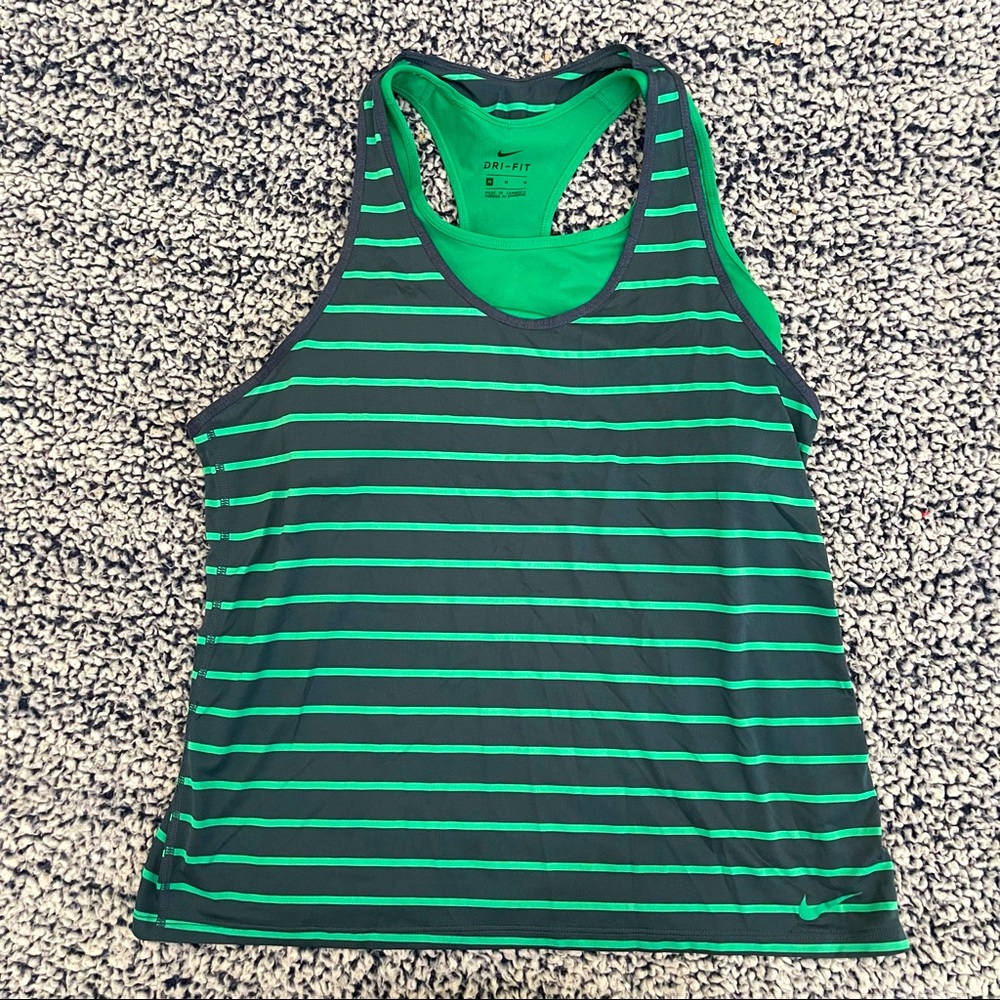 Nike navy and green striped tank top with built in sports bra M